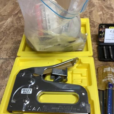 Staple gun, staples, felt pads, needle file set, bits lot