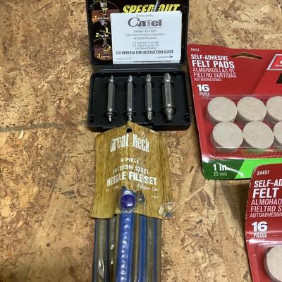 Staple gun, staples, felt pads, needle file set, bits lot