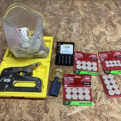 Staple gun, staples, felt pads, needle file set, bits lot