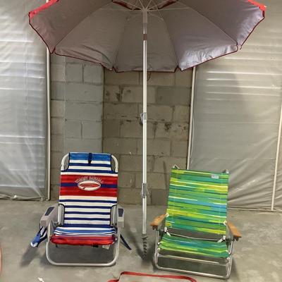 Tommy Bahama like new sand umbrella, Tommy Bahama beach chair, and Rio beach chair