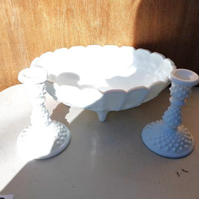 MILKGLASS BOWL AND PAIR CANDLE HOLDERS