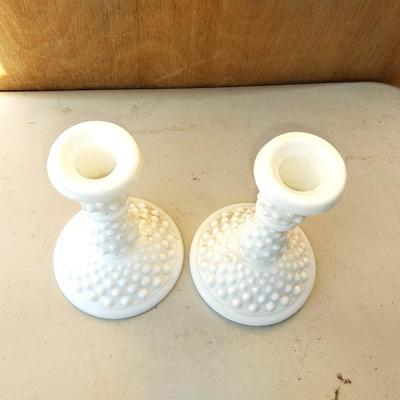 MILKGLASS BOWL AND PAIR CANDLE HOLDERS