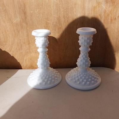 MILKGLASS BOWL AND PAIR CANDLE HOLDERS