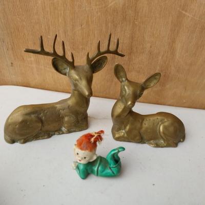 BRASS DEER AND SMALL VINTAGE ELF