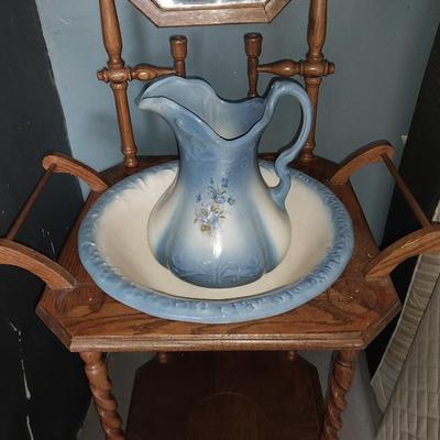 VINTAGE WASH STAND WITH IRONSTONE POTTERY