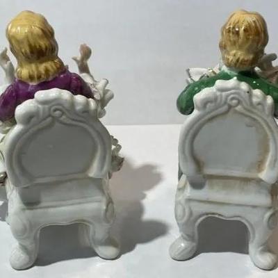 Pair of Vintage Bone China Lace Young Woman & Man on Chair Figurines 4" Tall in VG Preowned Condition.