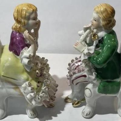 Pair of Vintage Bone China Lace Young Woman & Man on Chair Figurines 4" Tall in VG Preowned Condition.