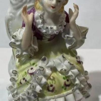 Pair of Vintage Bone China Lace Young Woman & Man on Chair Figurines 4" Tall in VG Preowned Condition.