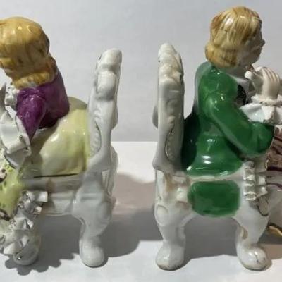 Pair of Vintage Bone China Lace Young Woman & Man on Chair Figurines 4" Tall in VG Preowned Condition.