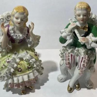 Pair of Vintage Bone China Lace Young Woman & Man on Chair Figurines 4