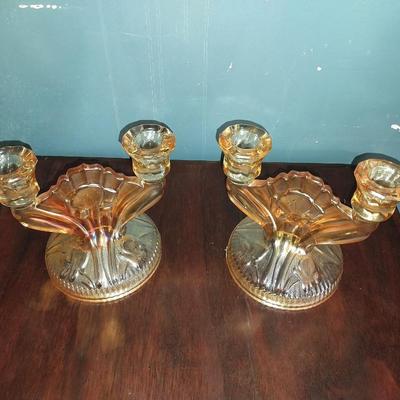 VINTAGE IRRIDESCENT CARNIVAL GLASS CANDLE HOLDERS AND CANDY DISH