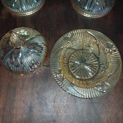 VINTAGE IRRIDESCENT CARNIVAL GLASS CANDLE HOLDERS AND CANDY DISH