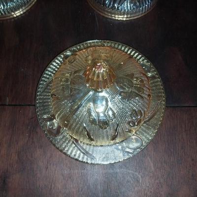 VINTAGE IRRIDESCENT CARNIVAL GLASS CANDLE HOLDERS AND CANDY DISH
