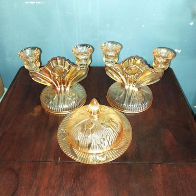 VINTAGE IRRIDESCENT CARNIVAL GLASS CANDLE HOLDERS AND CANDY DISH