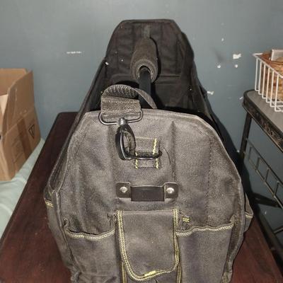 LARGE HANDELED CARRY TOOL BAG WITH STRAP AND FEW TOOLS