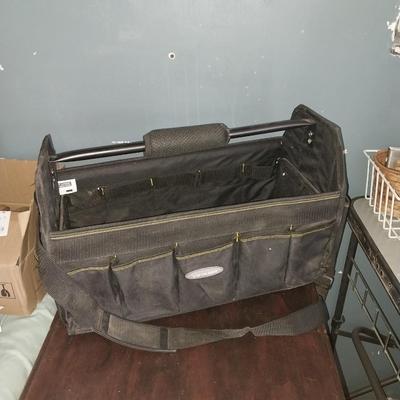 LARGE HANDELED CARRY TOOL BAG WITH STRAP AND FEW TOOLS