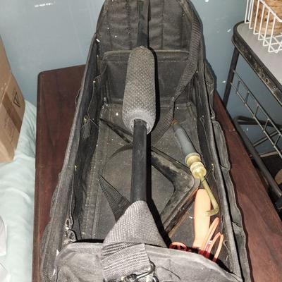 LARGE HANDELED CARRY TOOL BAG WITH STRAP AND FEW TOOLS