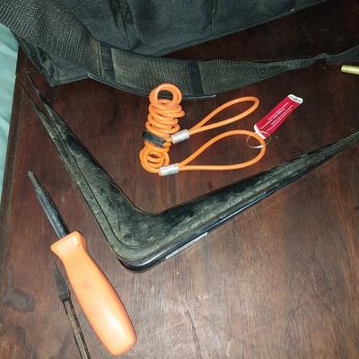 LARGE HANDELED CARRY TOOL BAG WITH STRAP AND FEW TOOLS