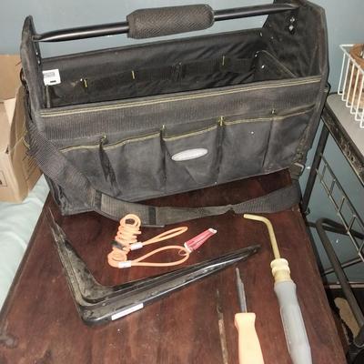 LARGE HANDELED CARRY TOOL BAG WITH STRAP AND FEW TOOLS