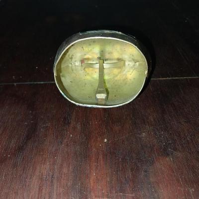 HARMONICA IN BOX AND PAINTED BRASS BELL