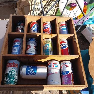 VINTAGE PEPSI-COLA WOODEN CABINET GLASS FRONT AND VINTAGE CANS