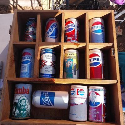 VINTAGE PEPSI-COLA WOODEN CABINET GLASS FRONT AND VINTAGE CANS