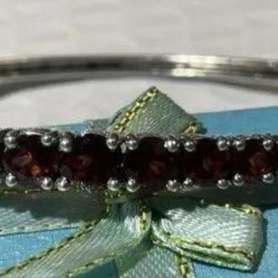 Vintage Large Size Sterling Silver Hinged Garnet Bangle Bracelet w/Graduated Garnets & Figure-8 Safety Clasp. Made for a 8