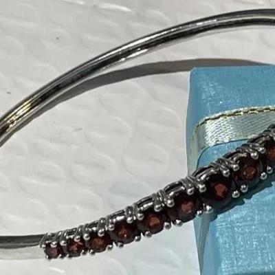 Vintage Large Size Sterling Silver Hinged Garnet Bangle Bracelet w/Graduated Garnets & Figure-8 Safety Clasp. Made for a 8