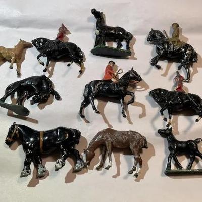 Vintage Lot of 10 Mid-Century Cast Metal Toy Figures Preowned from an Estate as Pictured.