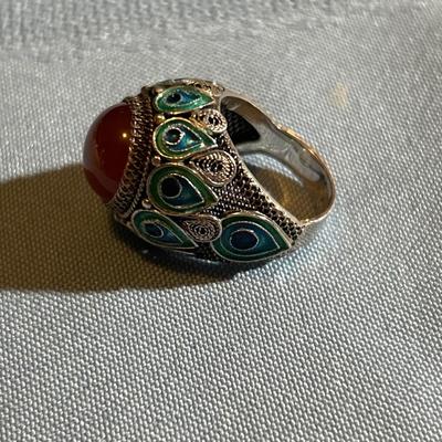 Carnelian. Vintage Chinese Carnelian Ring, Silver Cloisonne Enamel ring