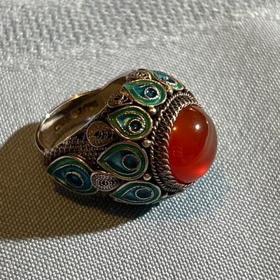 Carnelian. Vintage Chinese Carnelian Ring, Silver Cloisonne Enamel ring
