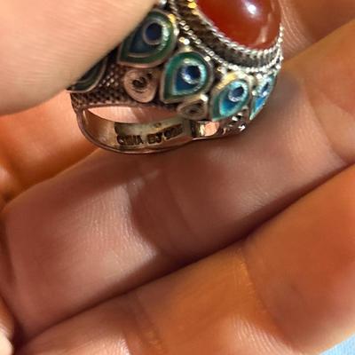Carnelian. Vintage Chinese Carnelian Ring, Silver Cloisonne Enamel ring