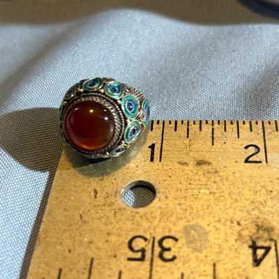 Carnelian. Vintage Chinese Carnelian Ring, Silver Cloisonne Enamel ring