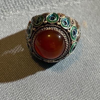 Carnelian. Vintage Chinese Carnelian Ring, Silver Cloisonne Enamel ring