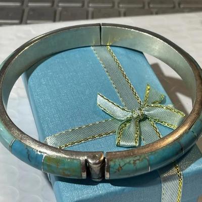 Vintage Jay King DTR Sterling .925 Silver Turquoise Inlaid Bangle Bracelet 7.5"to 8" Wrist Size. Heavy Bracelet.