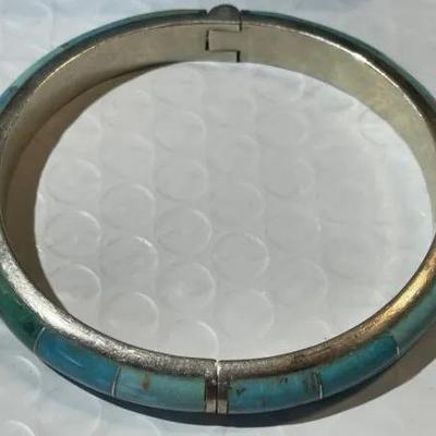 Vintage Jay King DTR Sterling .925 Silver Turquoise Inlaid Bangle Bracelet 7.5"to 8" Wrist Size. Heavy Bracelet.