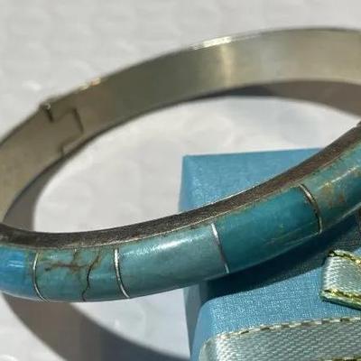 Vintage Jay King DTR Sterling .925 Silver Turquoise Inlaid Bangle Bracelet 7.5"to 8" Wrist Size. Heavy Bracelet.