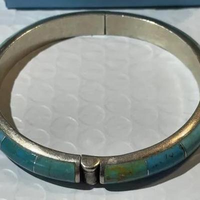 Vintage Jay King DTR Sterling .925 Silver Turquoise Inlaid Bangle Bracelet 7.5"to 8" Wrist Size. Heavy Bracelet.