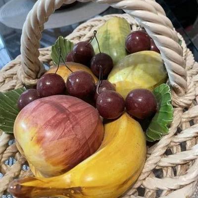 VINTAGE MID-CENTURY CAPODIMONTE PORCELAIN MAJOLICA FRUIT BASKET 14.5" WIDE MADE IN ITALY IN GOOD PREOWNED CONDITION.