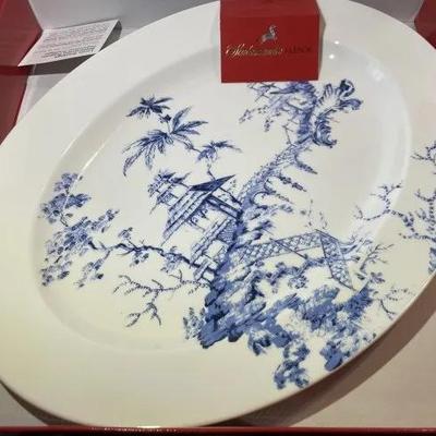 Vintage Lenox Scalamandre Toile Tale 16" x 12" Oval Serving Platter Blue/White in New Never Used Condition.