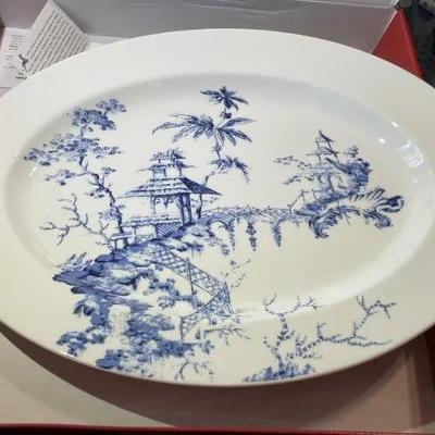 Vintage Lenox Scalamandre Toile Tale 16" x 12" Oval Serving Platter Blue/White in New Never Used Condition.