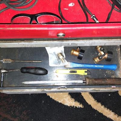 METAL TWO DRAWER CARRY TOOLBOX WITH FEW TOOLS
