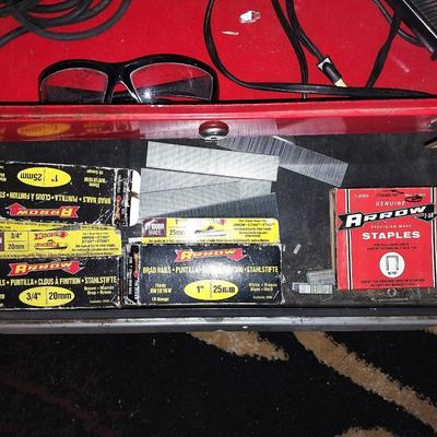 METAL TWO DRAWER CARRY TOOLBOX WITH FEW TOOLS