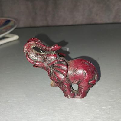 ASIAN DECRO PLATES-IRON PLATE WALL HOLDER AND SMALL ELEPHANT FIGURINE