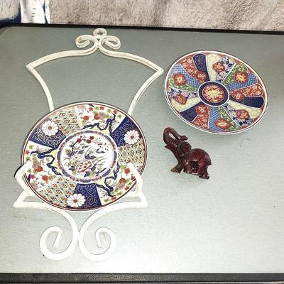 ASIAN DECRO PLATES-IRON PLATE WALL HOLDER AND SMALL ELEPHANT FIGURINE