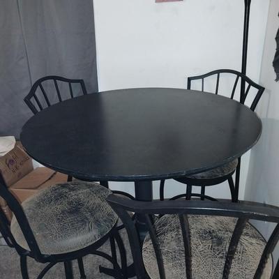 BLACK WROUGHT IRON BASE AND FRAME CAFE STYLE TABLE AND FOUR CHAIRS