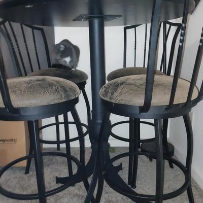 BLACK WROUGHT IRON BASE AND FRAME CAFE STYLE TABLE AND FOUR CHAIRS