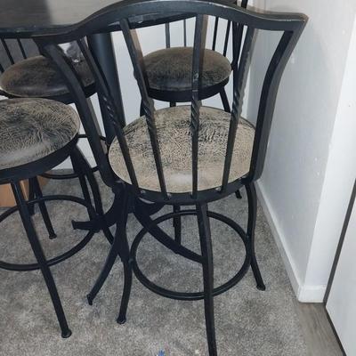 BLACK WROUGHT IRON BASE AND FRAME CAFE STYLE TABLE AND FOUR CHAIRS