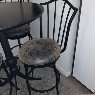 BLACK WROUGHT IRON BASE AND FRAME CAFE STYLE TABLE AND FOUR CHAIRS