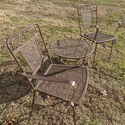 Vintage Wrought Metal Mesh Three Piece Outdoor Patio Chairs and Side Table